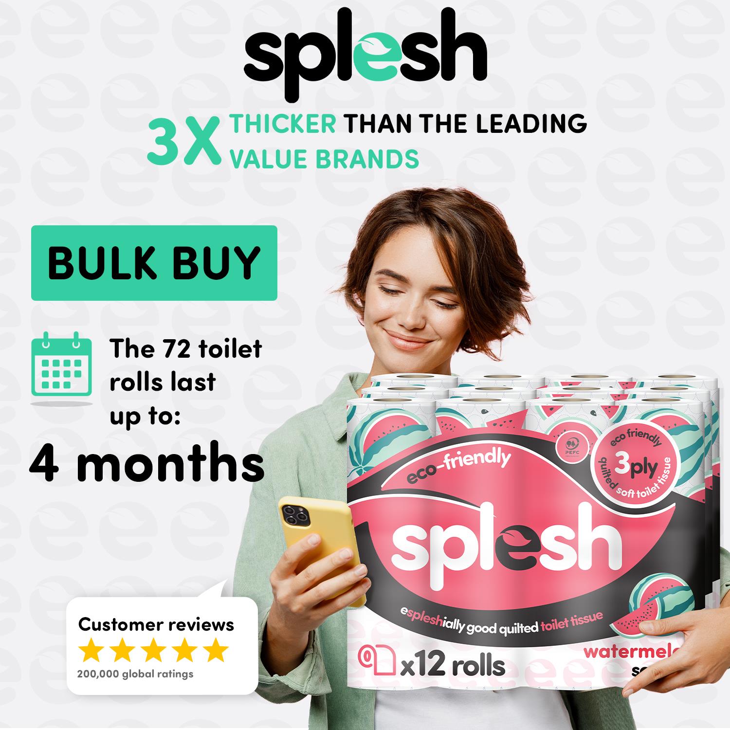 Splesh Quilted Toilet Roll Luxury Watermelon 3-Ply Soft Toilet Paper, 60 Rolls